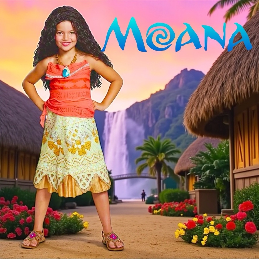 Disney Moana Girls Costume Dress Red Top Grass Skirt Halloween Size XS (4/5)